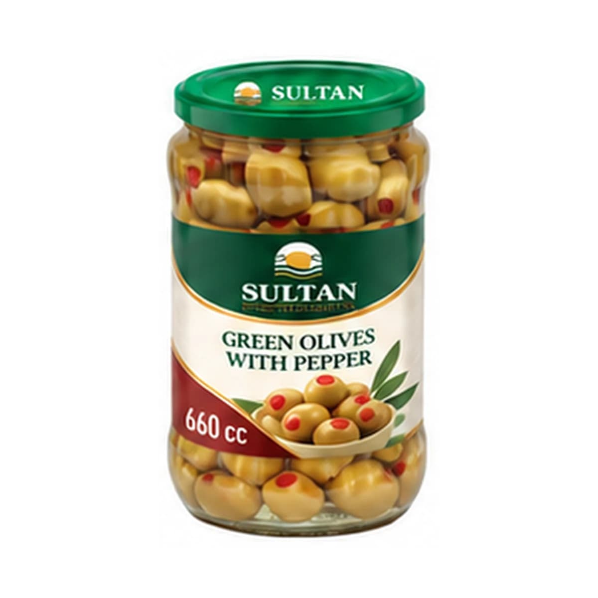 Sultan Green Olives With Pepper 660cc x 12 Glass Jar