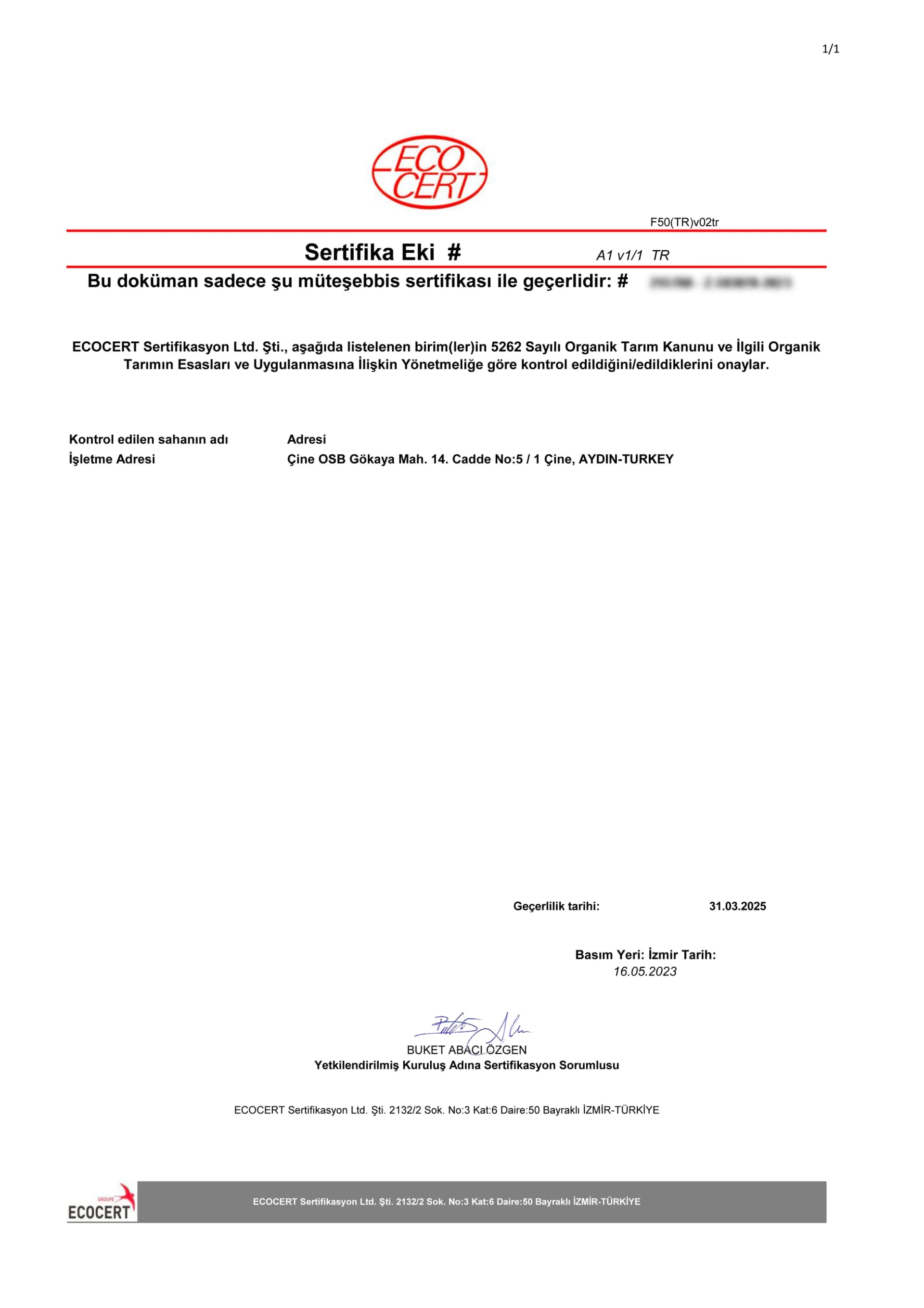 Ecocert Zertifikatsanhang