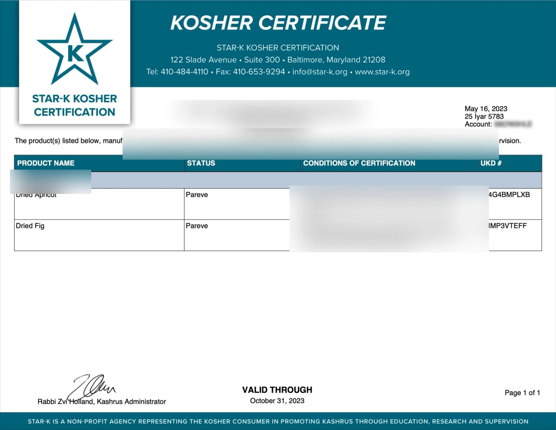 STAR-K Kosher-Zertifikat