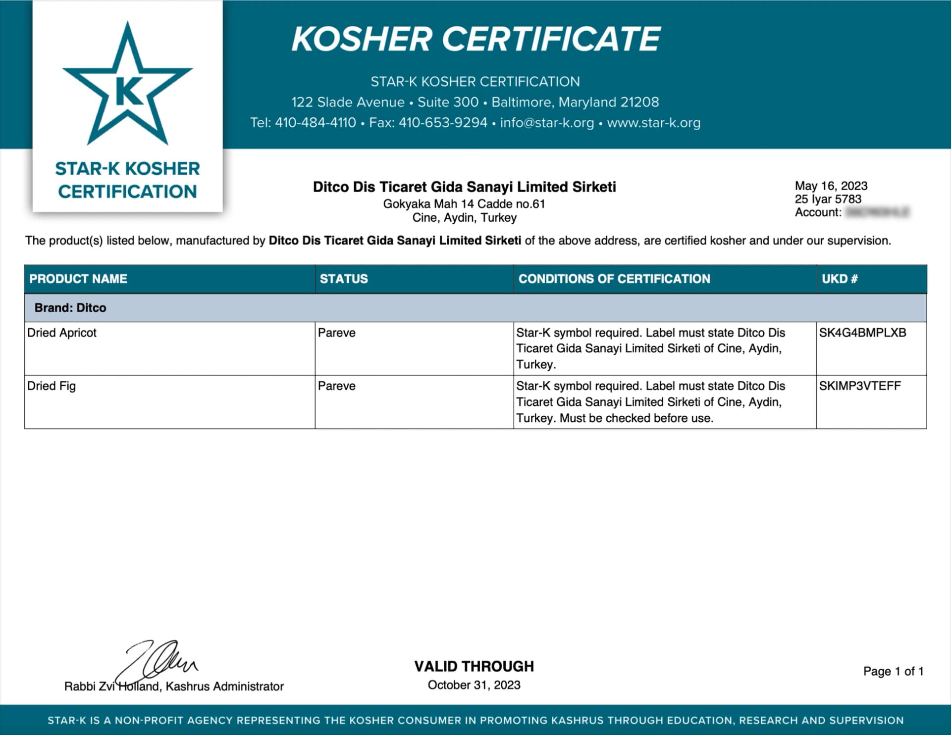 STAR-K Kosher-Zertifikat