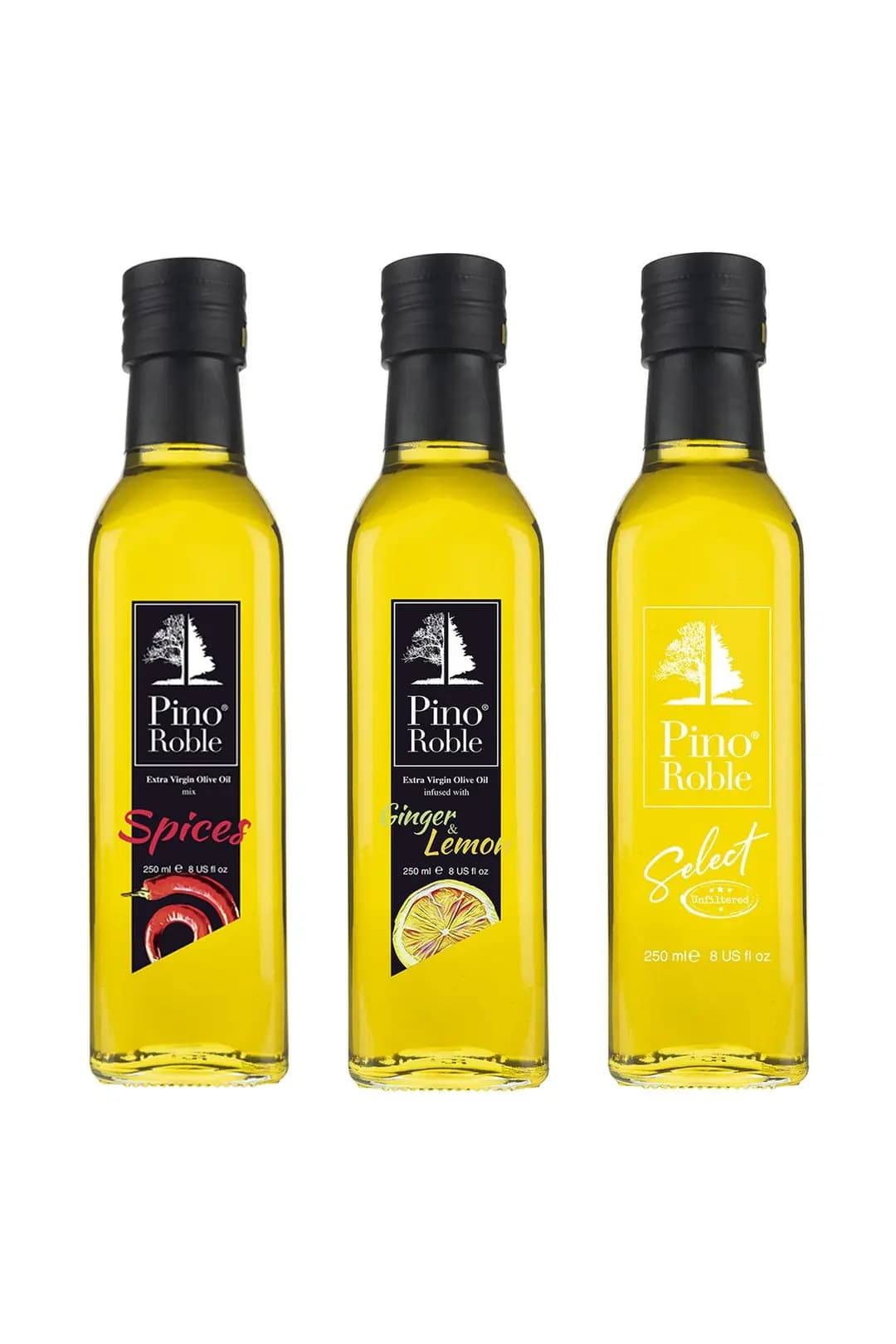 PinoRoble Acı Biber & Zencefil ve Limon & Taş Baskı Filtresiz Sızma Zeytinyağı Gurme Set